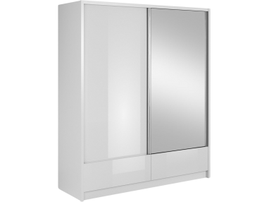 Szafa przesuwna 184 cm w połysku, z lustrem i szufladami do sypialni - AISHA I Biały połysk / Biały mat