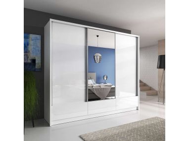 Duża szafa przesuwna do sypialni z lustrem 250 cm, fronty w połysku - AISHA I Biały połysk / Biały mat