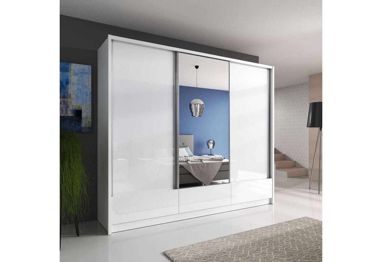 Duża szafa przesuwna do sypialni z lustrem 250 cm, fronty w połysku - AISHA I Biały połysk / Biały mat