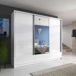 Duża szafa przesuwna do sypialni z lustrem 250 cm, fronty w połysku - AISHA I Biały połysk / Biały mat