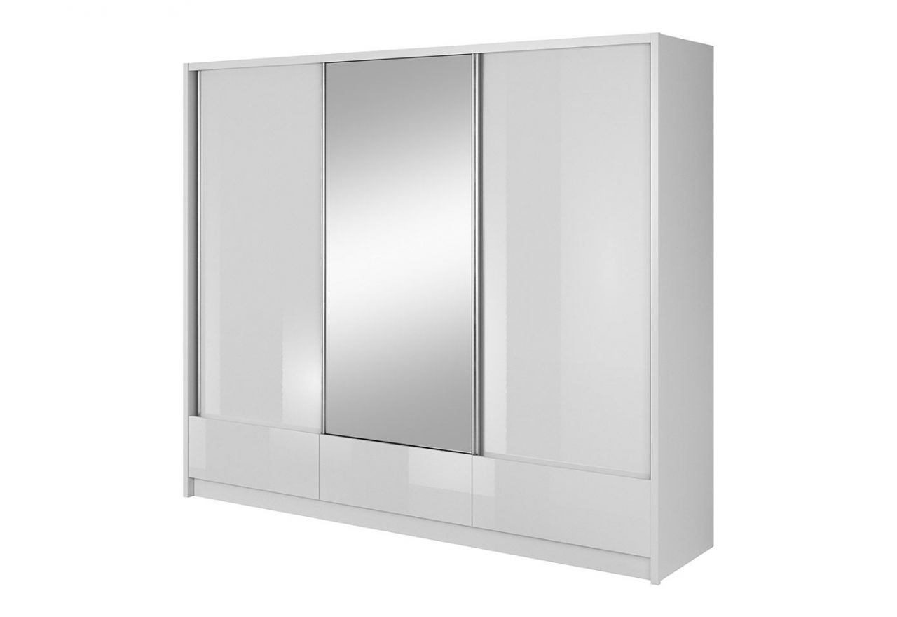 Duża szafa przesuwna do sypialni z lustrem 250 cm, fronty w połysku - AISHA I Biały połysk / Biały mat