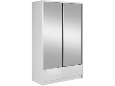 Szafa przesuwna dwudrzwiowa z półkami 134 cm, lustrem i szufladami do sypialni - AISHA II Biały połysk / Biały mat
