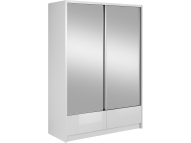 Szafa przesuwna 154 cm z lustrem, dwudrzwiowa z szufladami w białym połysku - AISHA II Biały połysk / Biały mat