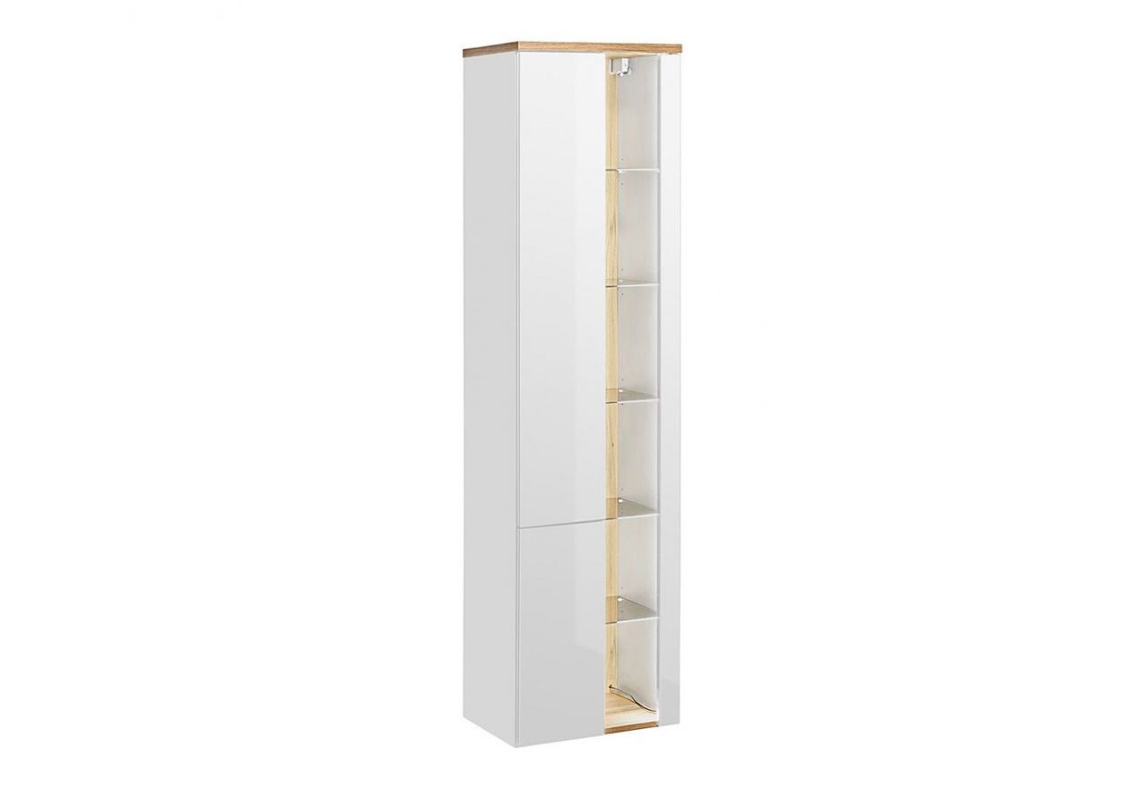 Wisząca szafka łazienkowa ze szklanymi półkami i oświetleniem LED - BELFOR / Biel Alpejska / Dąb Wotan / Biały połysk