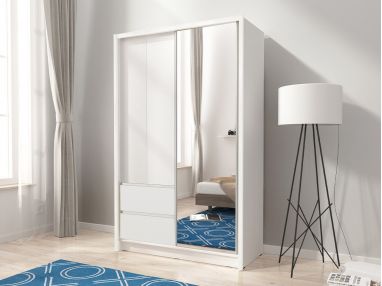 Szafa przesuwna z szufladami i lustrem 130 cm do sypialni, przedpokoju - FLORIA Biały mat