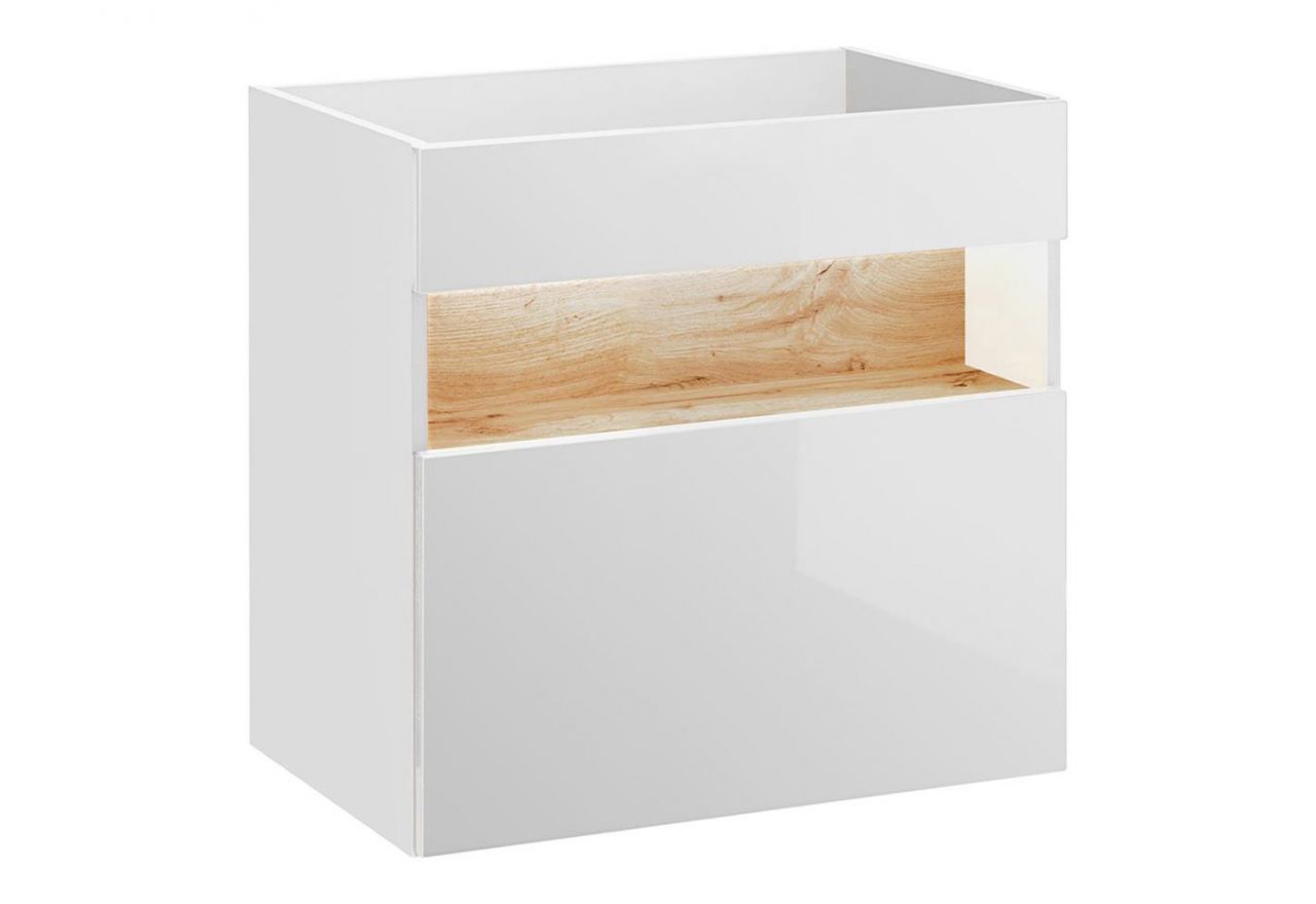Elegancka szafka łazienkowa 60 cm, wisząca w nowoczesnym stylu - BELFOR / Biel Alpejska / Dąb Wotan / Biały połysk