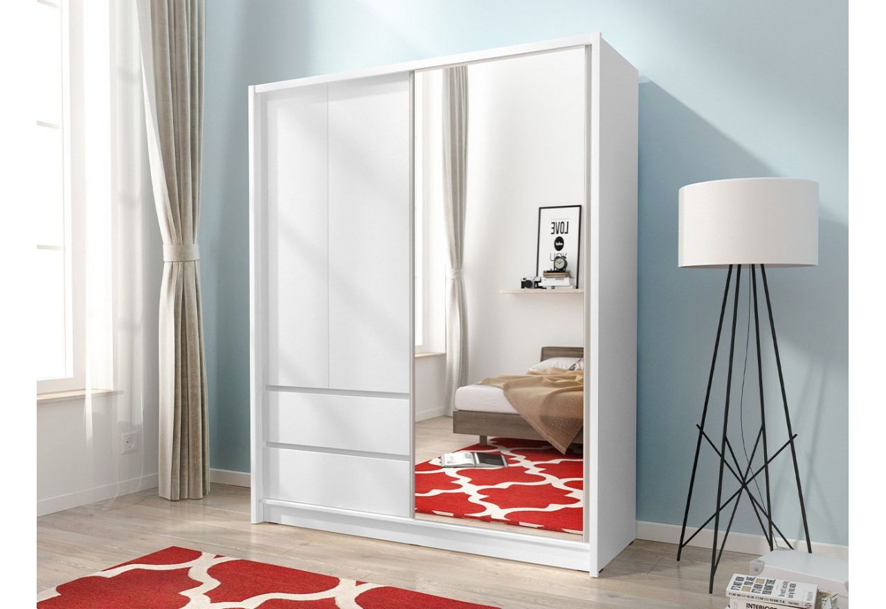 Biała szafa z lustrem 150 cm, przesuwna z szufladami i frontami uchylnymi do sypialni - FLORIA Biały mat