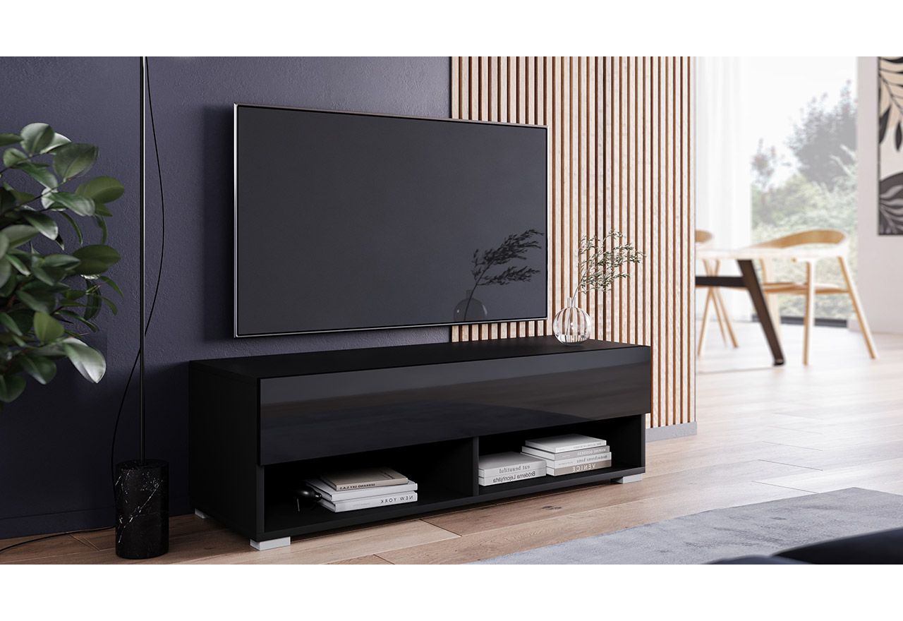 Modna szafka RTV pod telewizor 100 cm z opcją LED - LOWBOARD ARON 100 Czarny grafit / Czarny połysk