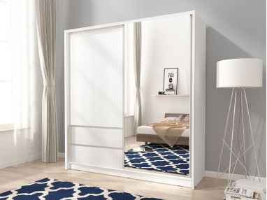 Biała szafa 200 cm przesuwna z lustrem i dwoma frontami uchylnymi do sypialni - FLORIA Biały mat