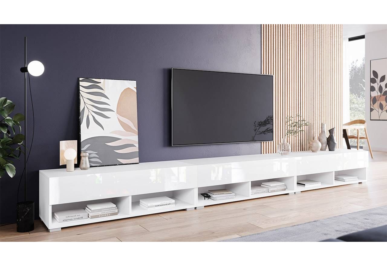 Szafka pod telewizor 300 cm w nowoczesnym stylu z opcją LED - LOWBOARD ARON 300 Biały mat / Biały połysk