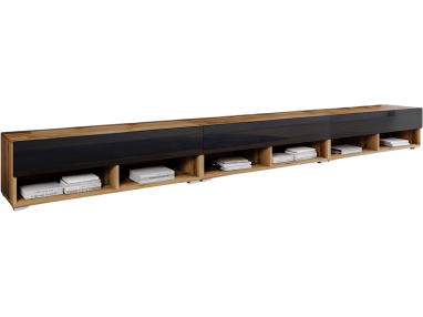 Nowoczesna szafka RTV 300 cm, stojąca lub wisząca z opcją oświetlenia LED - LOWBOARD ARON 300 Dąb wotan / Czarny połysk