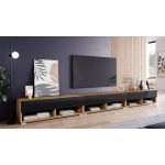 Nowoczesna szafka RTV 300 cm, stojąca lub wisząca z opcją oświetlenia LED - LOWBOARD ARON 300 Dąb wotan / Czarny połysk