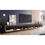 Nowoczesna szafka RTV 300 cm, stojąca lub wisząca z opcją oświetlenia LED - LOWBOARD ARON 300 Dąb wotan / Czarny połysk