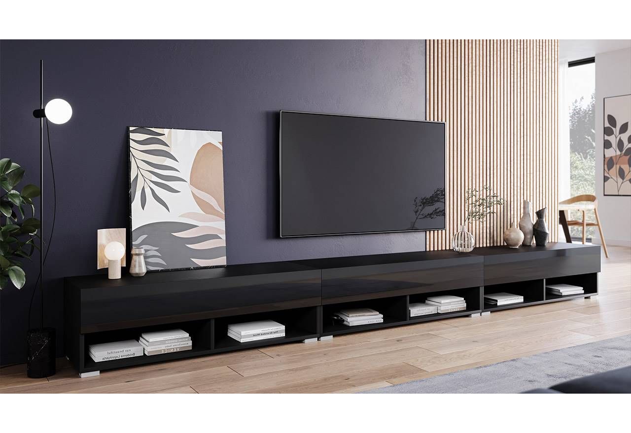 Szafka RTV 300 cm pod telewizor do salonu z opcją oświetlenia LED - LOWBOARD ARON 300 Czarny mat / Czarny połysk