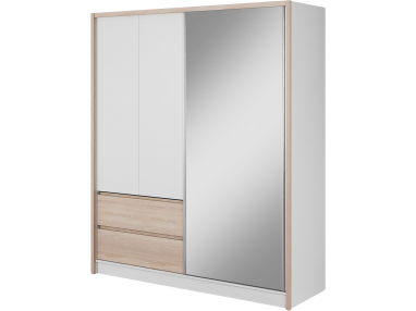 Szafa do sypialni z lustrem 180 cm, przesuwny front, dwie szuflady do przedpokoju - FLORIA Biały mat / Dąb Sonoma