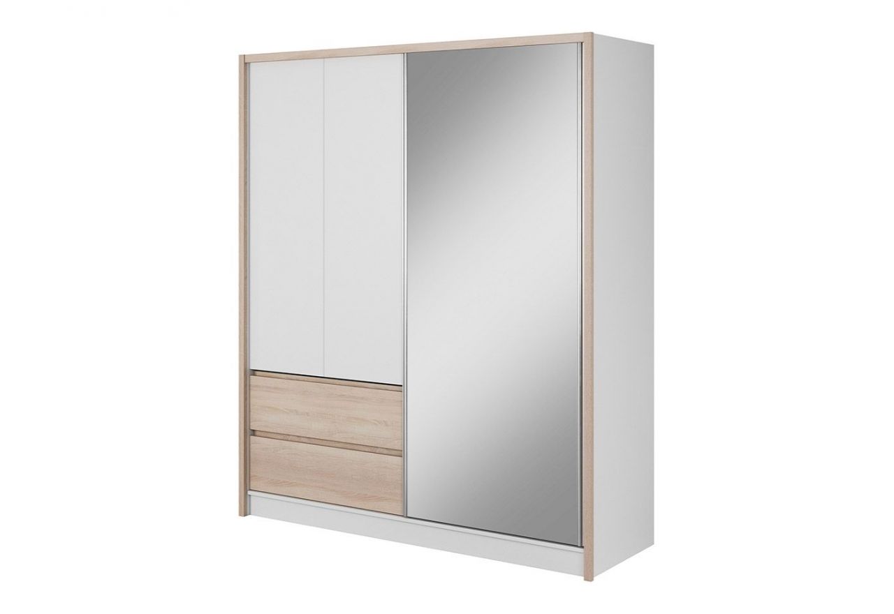 Szafa do sypialni z lustrem 180 cm, przesuwny front, dwie szuflady do przedpokoju - FLORIA Biały mat / Dąb Sonoma