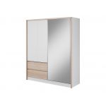 Szafa do sypialni z lustrem 180 cm, przesuwny front, dwie szuflady do przedpokoju - FLORIA Biały mat / Dąb Sonoma