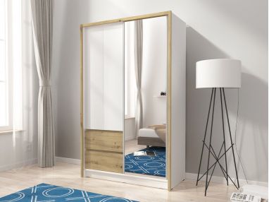 Szafa przesuwna z lustrem i szufladami do sypialni, biała 130 cm z dekorem drewna - FLORIA Biały mat / Dąb Artisan