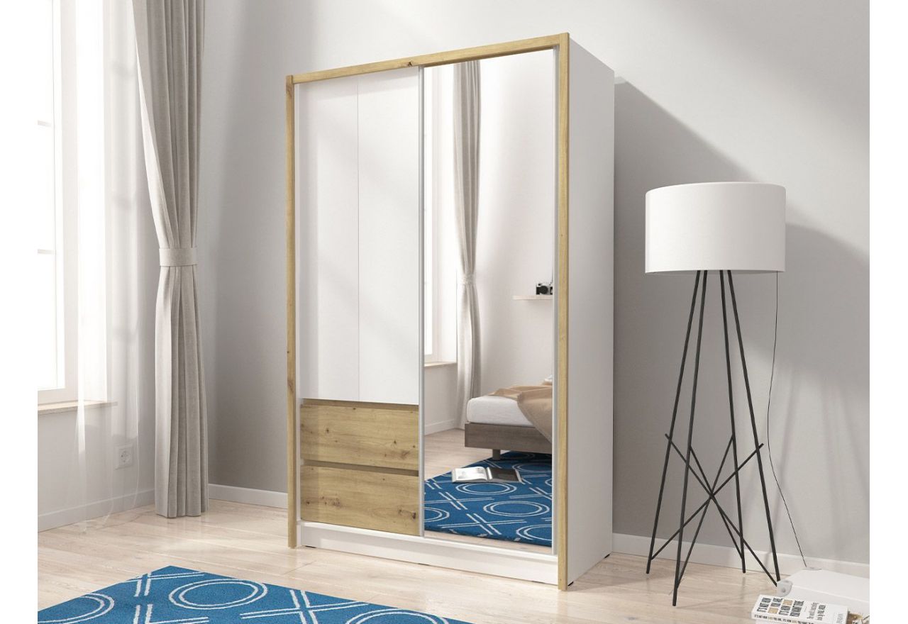 Szafa przesuwna z lustrem i szufladami do sypialni, biała 130 cm z dekorem drewna - FLORIA Biały mat / Dąb Artisan