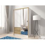 Szafa przesuwna z lustrem i szufladami do sypialni, biała 130 cm z dekorem drewna - FLORIA Biały mat / Dąb Artisan