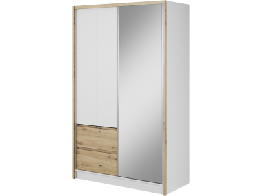 Szafa przesuwna z lustrem i szufladami do sypialni, biała 130 cm z dekorem drewna - FLORIA Biały mat / Dąb Artisan