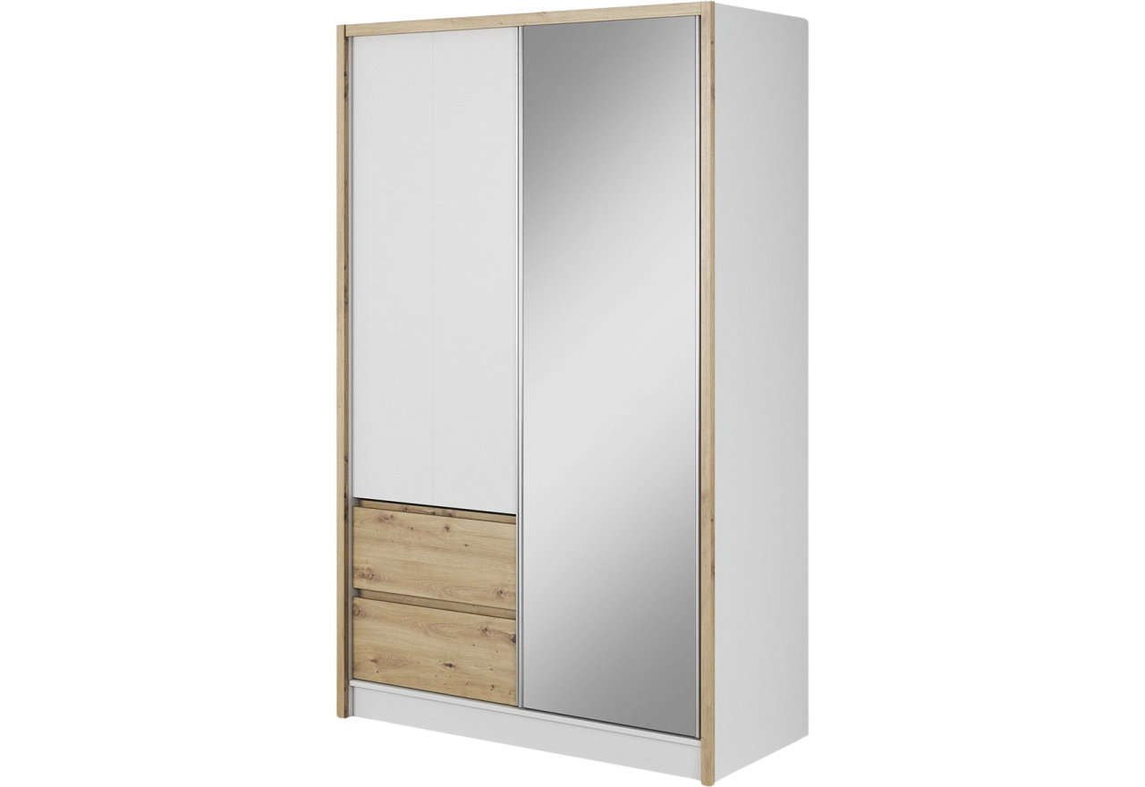 Szafa przesuwna z lustrem i szufladami do sypialni, biała 130 cm z dekorem drewna - FLORIA Biały mat / Dąb Artisan