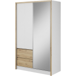 Szafa przesuwna z lustrem i szufladami do sypialni, biała 130 cm z dekorem drewna - FLORIA Biały mat / Dąb Artisan