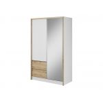 Szafa przesuwna z lustrem i szufladami do sypialni, biała 130 cm z dekorem drewna - FLORIA Biały mat / Dąb Artisan