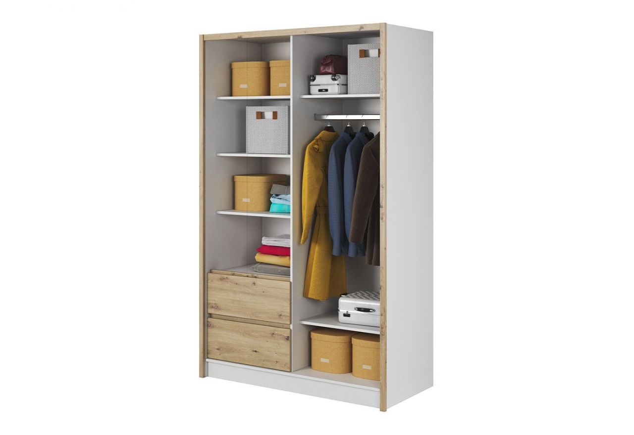 Szafa przesuwna z lustrem i szufladami do sypialni, biała 130 cm z dekorem drewna - FLORIA Biały mat / Dąb Artisan