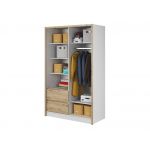 Szafa przesuwna z lustrem i szufladami do sypialni, biała 130 cm z dekorem drewna - FLORIA Biały mat / Dąb Artisan