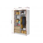 Szafa przesuwna z lustrem i szufladami do sypialni, biała 130 cm z dekorem drewna - FLORIA Biały mat / Dąb Artisan