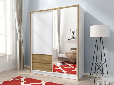 Szafa do sypialni przesuwna 150 cm z lustrem i szufladami, garderoba do przedpokoju - FLORIA Biały mat / Dąb Artisan
