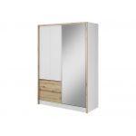Szafa do sypialni przesuwna 150 cm z lustrem i szufladami, garderoba do przedpokoju - FLORIA Biały mat / Dąb Artisan