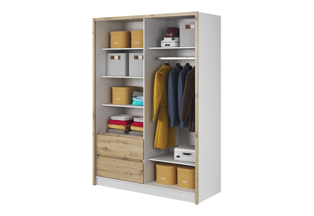 Szafa do sypialni przesuwna 150 cm z lustrem i szufladami, garderoba do przedpokoju - FLORIA Biały mat / Dąb Artisan