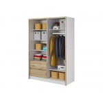 Szafa do sypialni przesuwna 150 cm z lustrem i szufladami, garderoba do przedpokoju - FLORIA Biały mat / Dąb Artisan