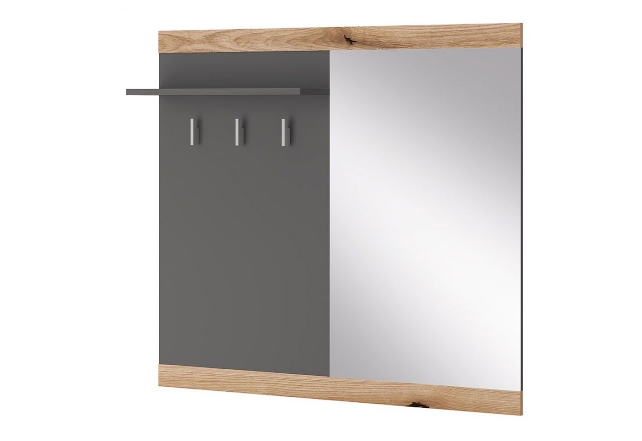 Wieszak, górny panel garderoby na ubranie, do przedpokoju, z półką i lustrem - ARKINA Dąb Evoke / Grafit mat