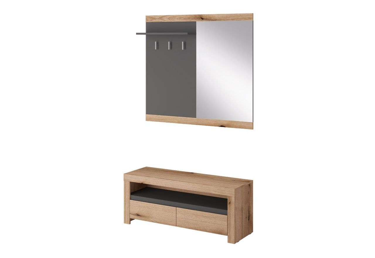 Wieszak, górny panel garderoby na ubranie, do przedpokoju, z półką i lustrem - ARKINA Dąb Evoke / Grafit mat