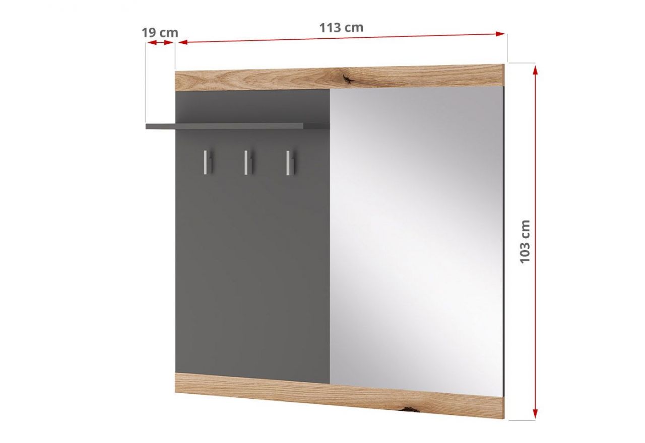 Wieszak, górny panel garderoby na ubranie, do przedpokoju, z półką i lustrem - ARKINA Dąb Evoke / Grafit mat