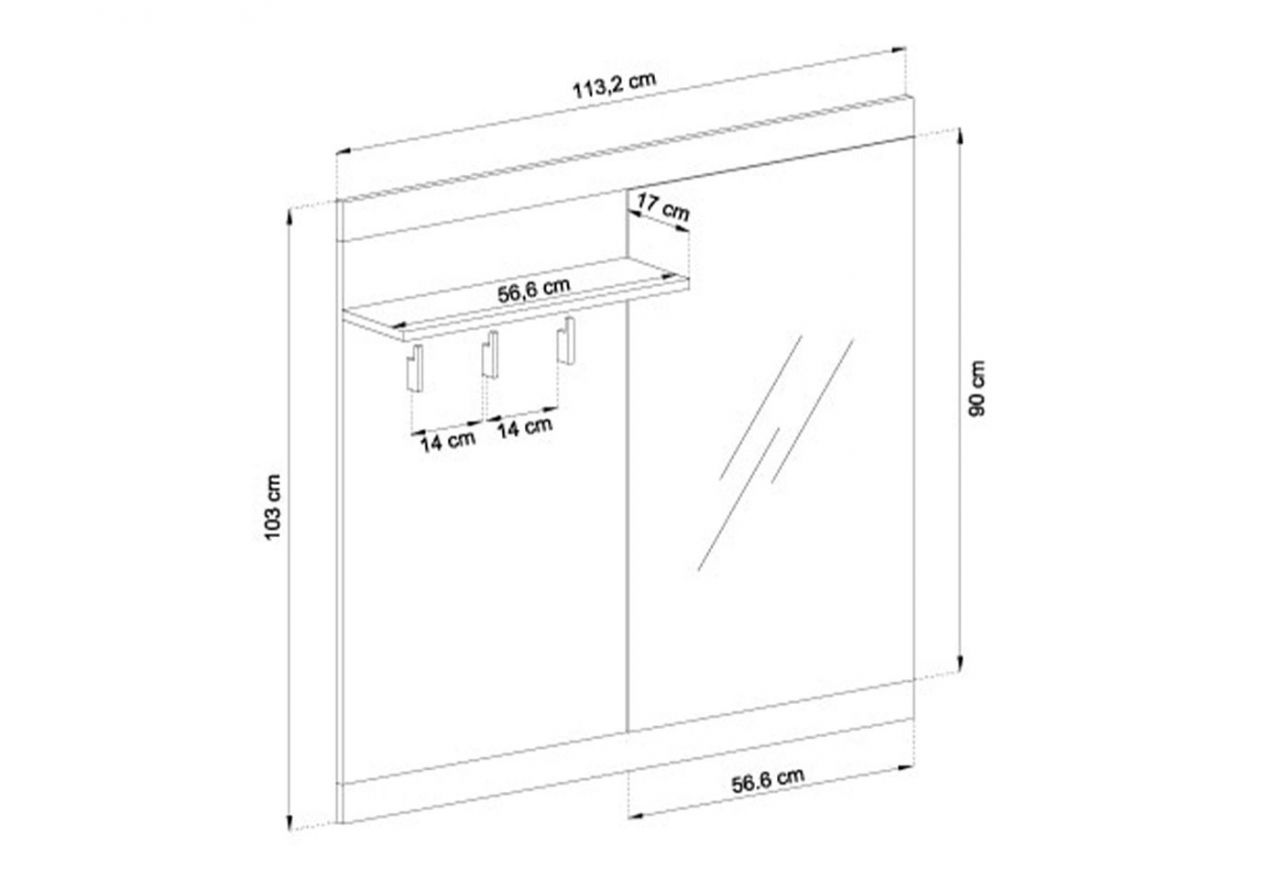 Wieszak, górny panel garderoby na ubranie, do przedpokoju, z półką i lustrem - ARKINA Dąb Evoke / Grafit mat