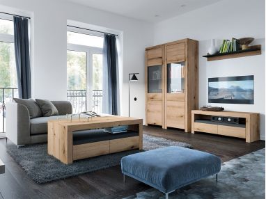 Nowoczesny zestaw mebli do salonu, komplet pod telewizor z elementami stylu industrialnego - ARKINA Dąb Evoke / Grafit mat