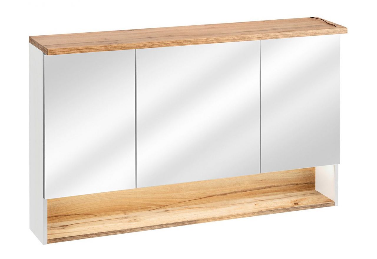 Praktyczna, wisząca szafka łazienkowa z lustrem 120 cm i oświetleniem LED - BELFOR / Biel Alpejska / Dąb Wotan / Lustro