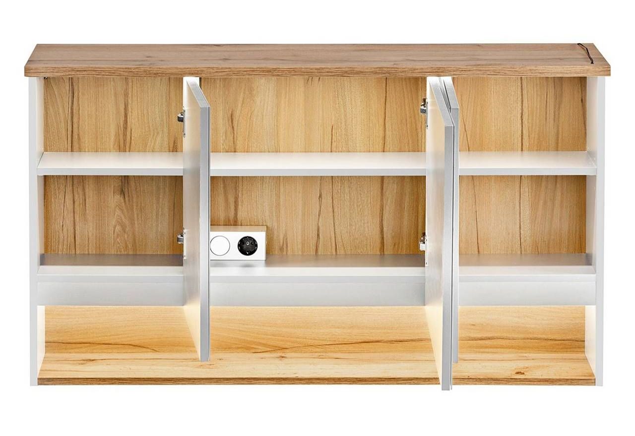 Praktyczna, wisząca szafka łazienkowa z lustrem 120 cm i oświetleniem LED - BELFOR / Biel Alpejska / Dąb Wotan / Lustro