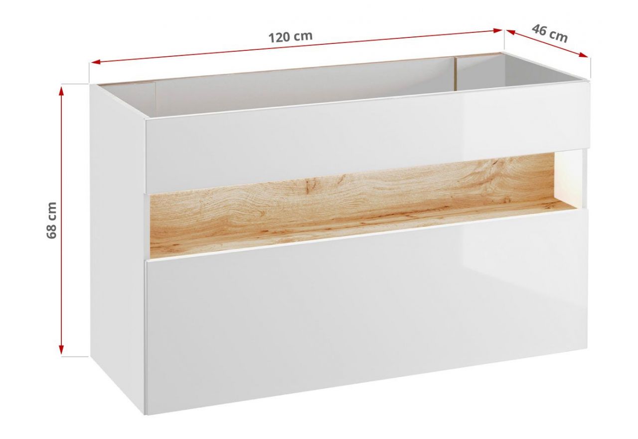 Nowoczesna, wisząca szafka łazienkowa pod umywalkę 120 cm z oświetleniem LED - BELFOR / Biel Alpejska / Dąb Wotan / Biały połysk
