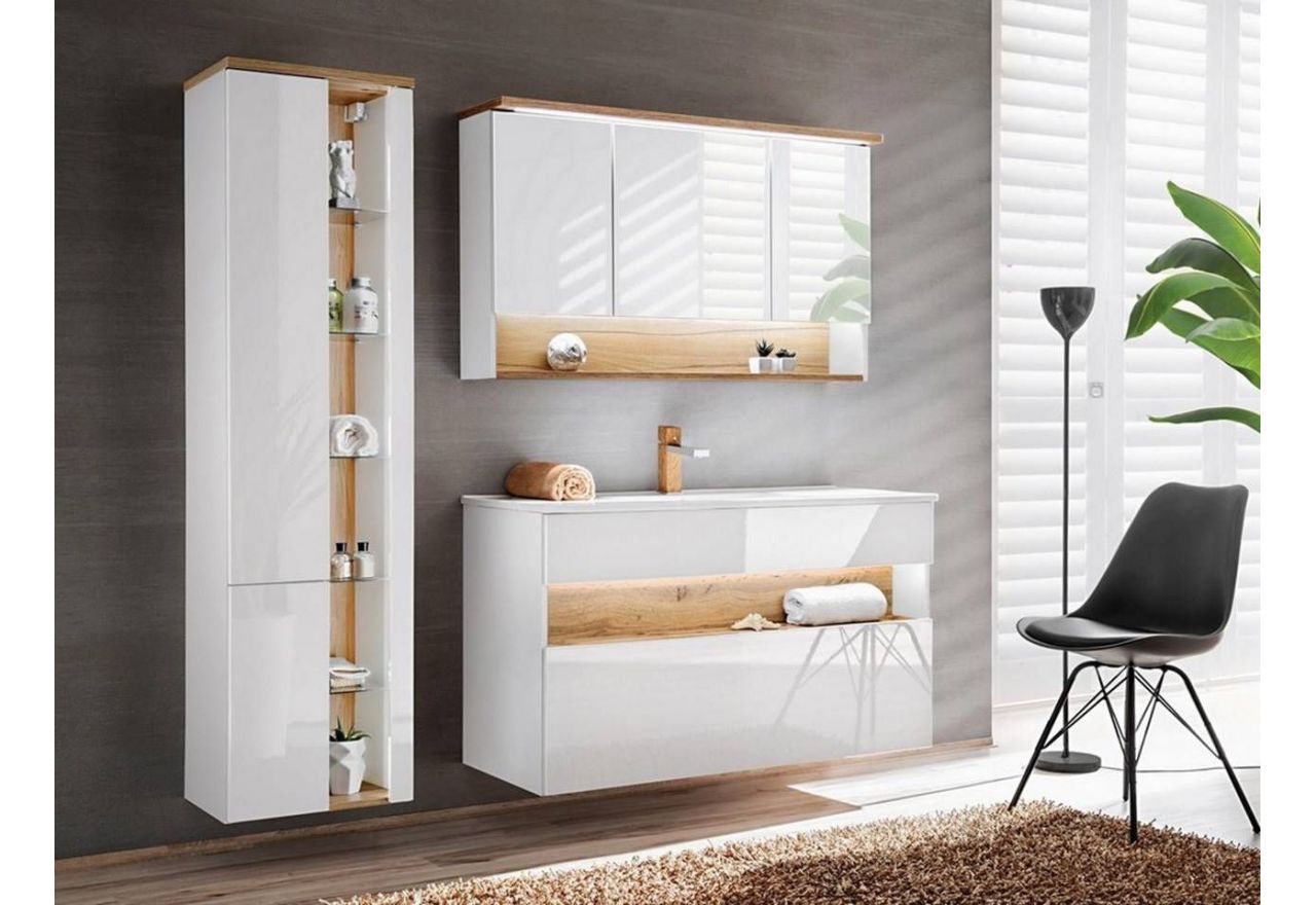 Nowoczesna, wisząca szafka łazienkowa pod umywalkę 120 cm z oświetleniem LED - BELFOR / Biel Alpejska / Dąb Wotan / Biały połysk