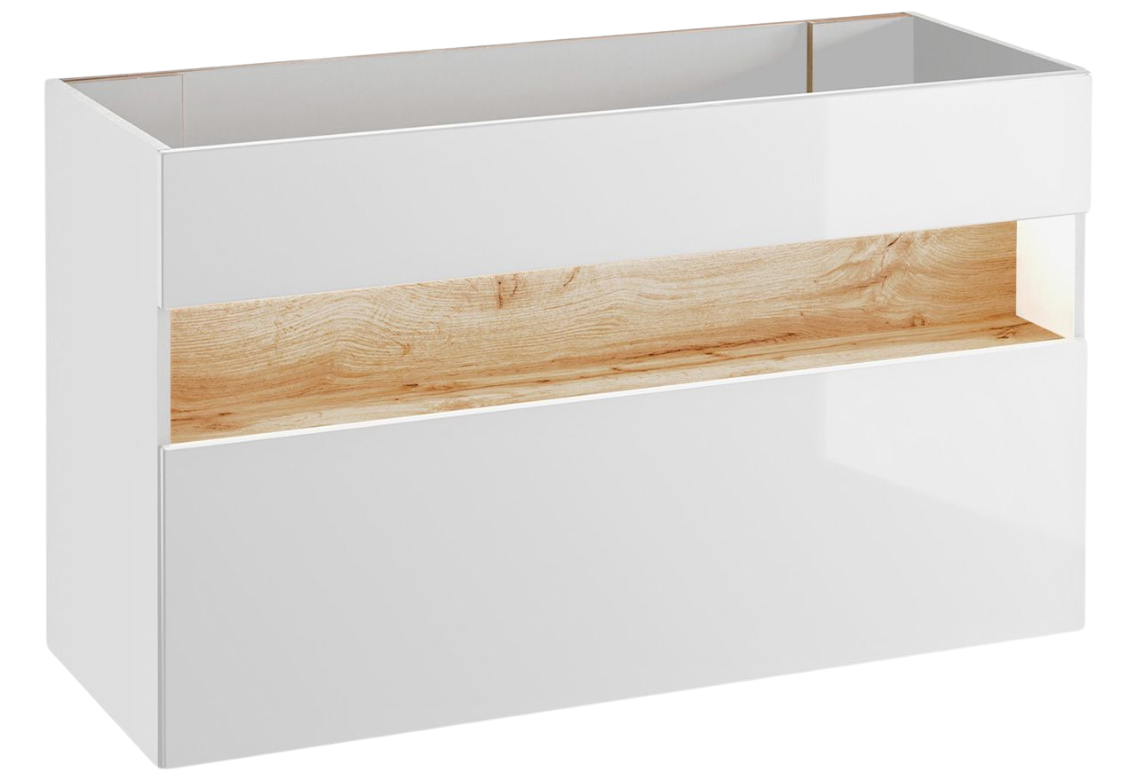 Nowoczesna, wisząca szafka łazienkowa pod umywalkę 120 cm z oświetleniem LED - BELFOR / Biel Alpejska / Dąb Wotan / Biały połysk