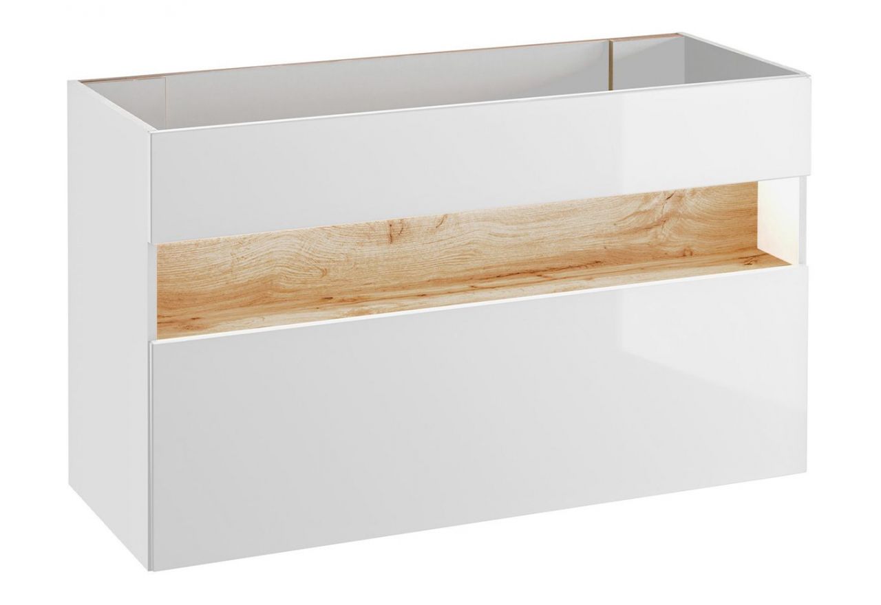 Nowoczesna, wisząca szafka łazienkowa pod umywalkę 120 cm z oświetleniem LED - BELFOR / Biel Alpejska / Dąb Wotan / Biały połysk