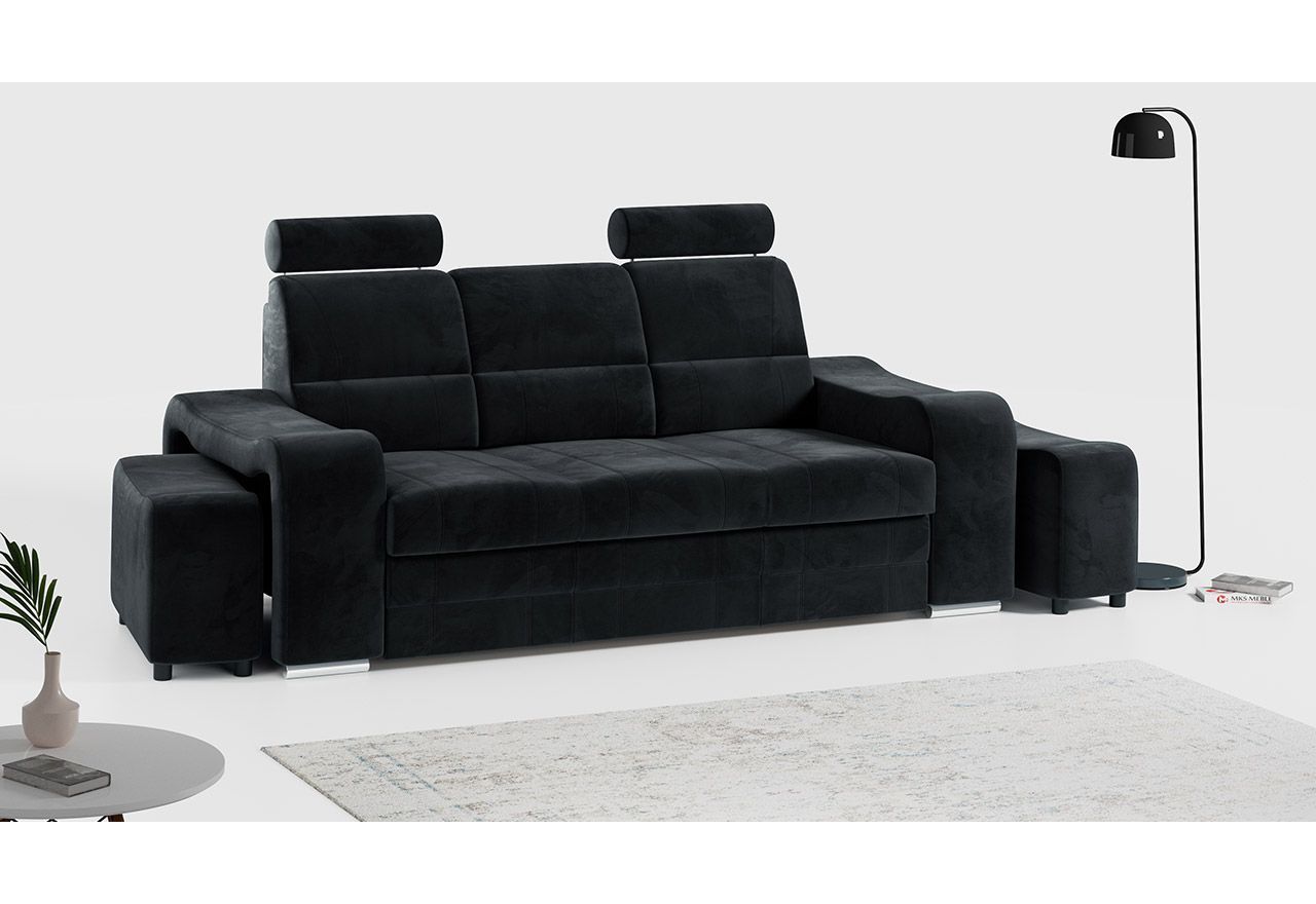 Trzyosobowa sofa WESA czarna, rozkładana, z funkcją spania i dwiema pufami