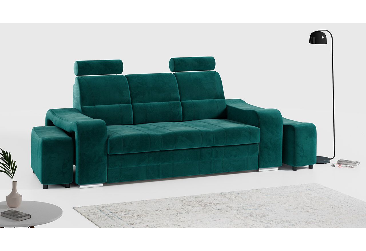 Komfortowa duża sofa z regulowanym zagłówkami, pojemnikiem na pościel i dodatkowymi pufami WESA butelkowa zieleń
