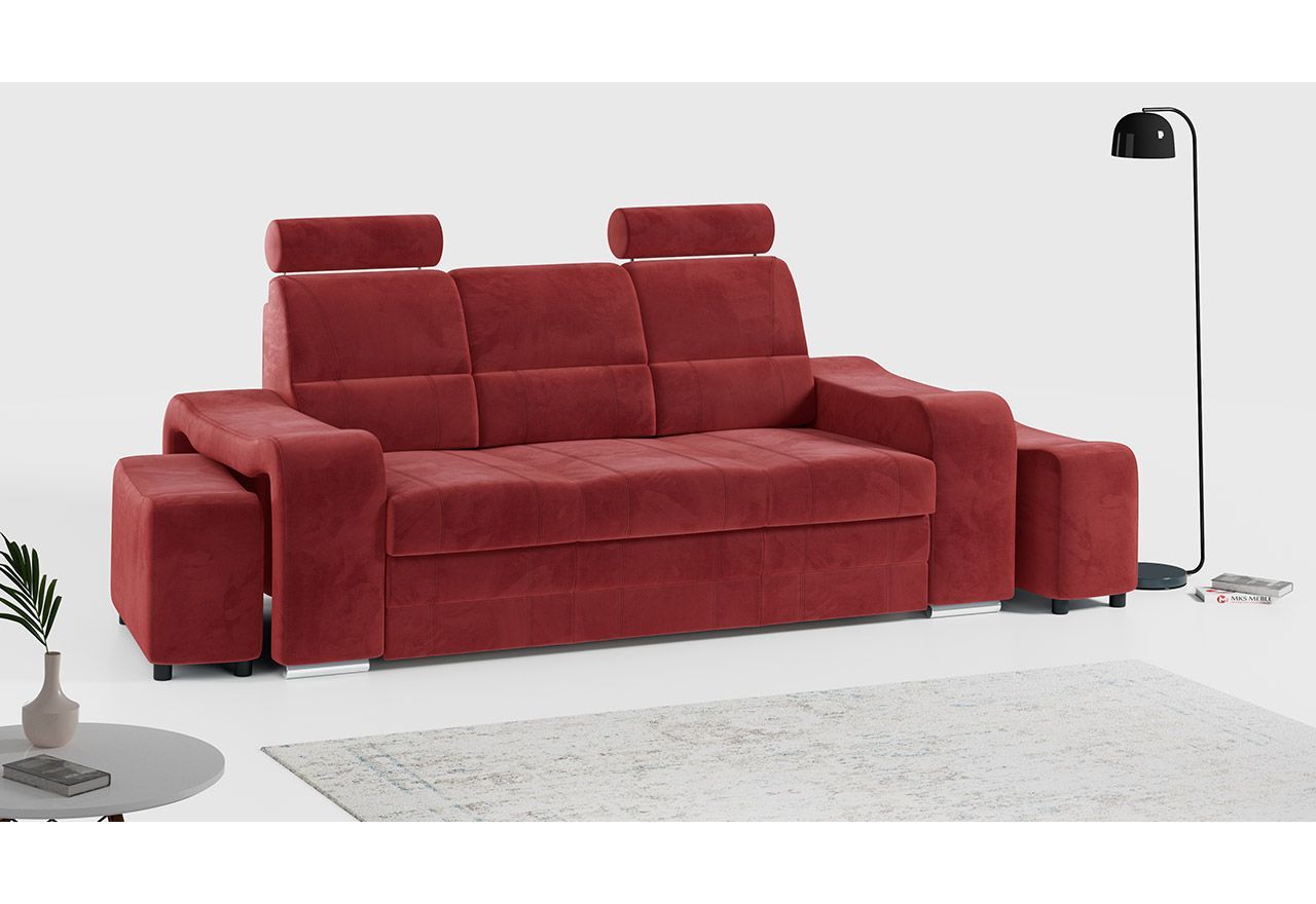 Wygodna kanapa rozkładana do pokoju dziennego WESA czerwona, z dwiema pufami i regulowanymi zagłówkami