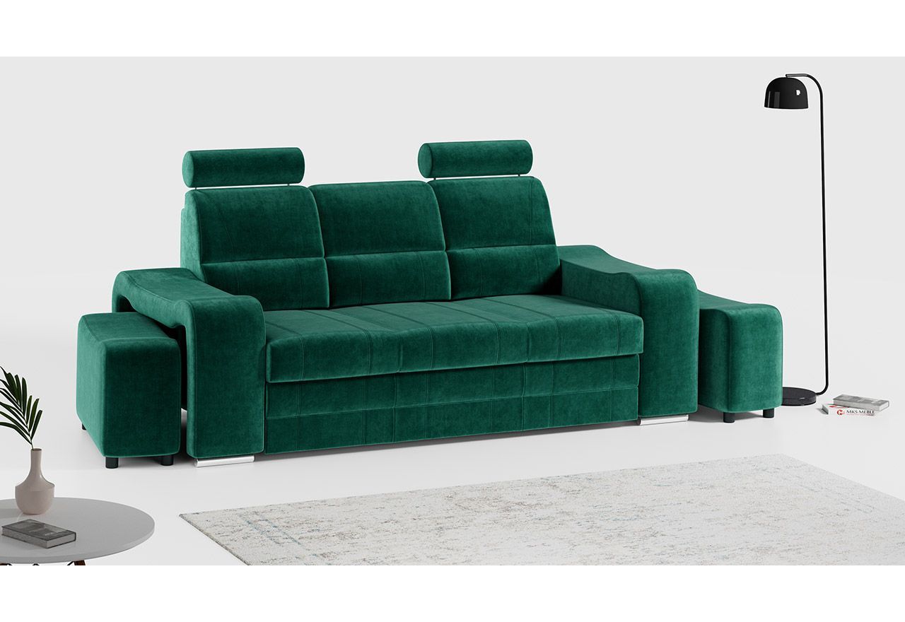 Rozkładana sofa z pojemnikiem na pościel WESA, z regulowanymi zagłówkami i tapicerką w kolorze butelkowej zieleni